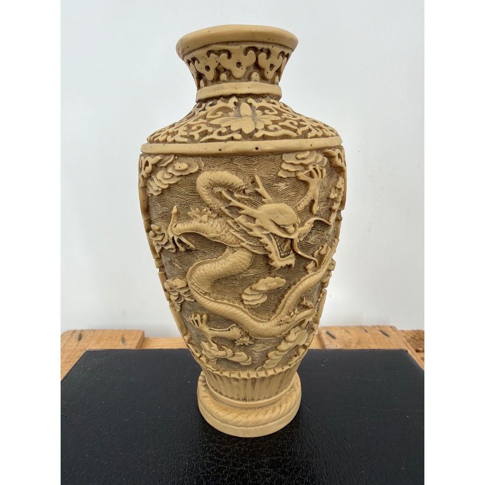 Vintage Chinese Dragon Carved Resin Vase Faux Bone Cinnabar Style Cream 6.5"